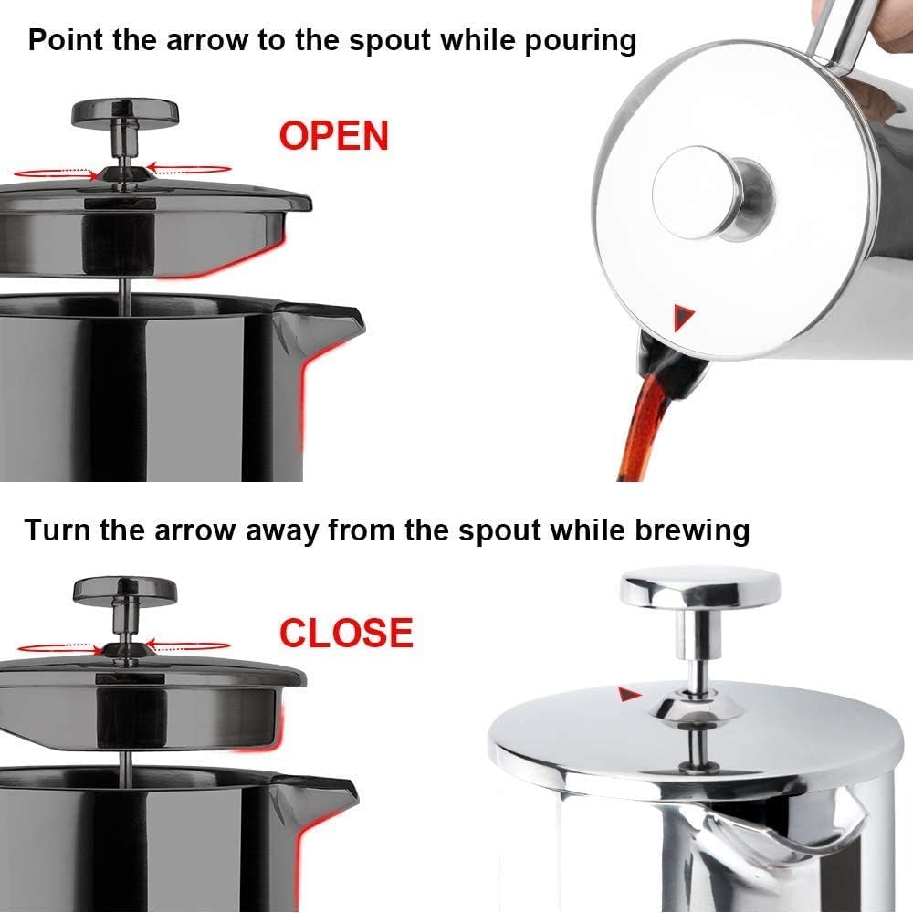 Secura French Press Coffee Maker, 304 Grade Stainless Steel Insulated Coffee Press with 2 Extra Screens, 34oz (1 Litre), Silver - Blissbrew