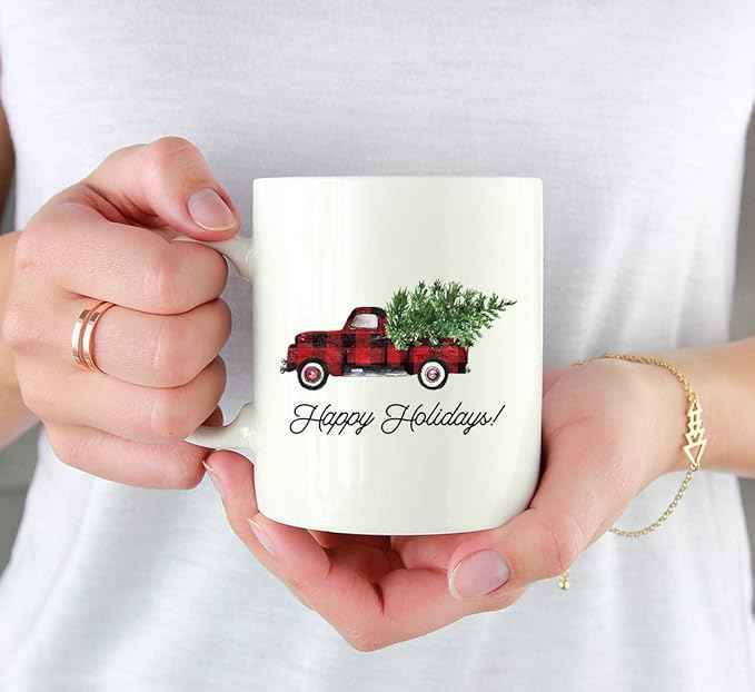 Andaz Press Christmas Winter Holiday 11oz. Coffee Mug, Happy Holidays, Vintage Red Truck, 1-Pack, Cozy Christmas Hot Chocolate Cup Ideas for Him Her Coworker…