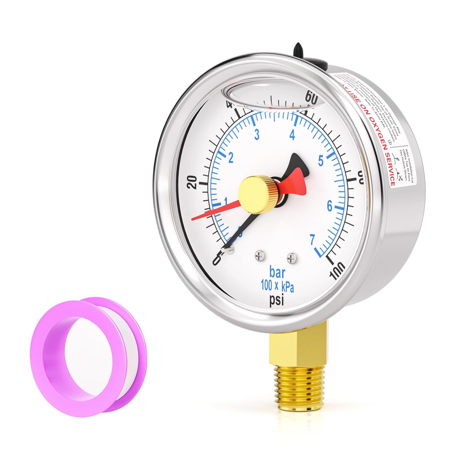 0-100PSI Stainless Steel with Reset Pointer Liquid Filled Pressure Gauge, 2.5