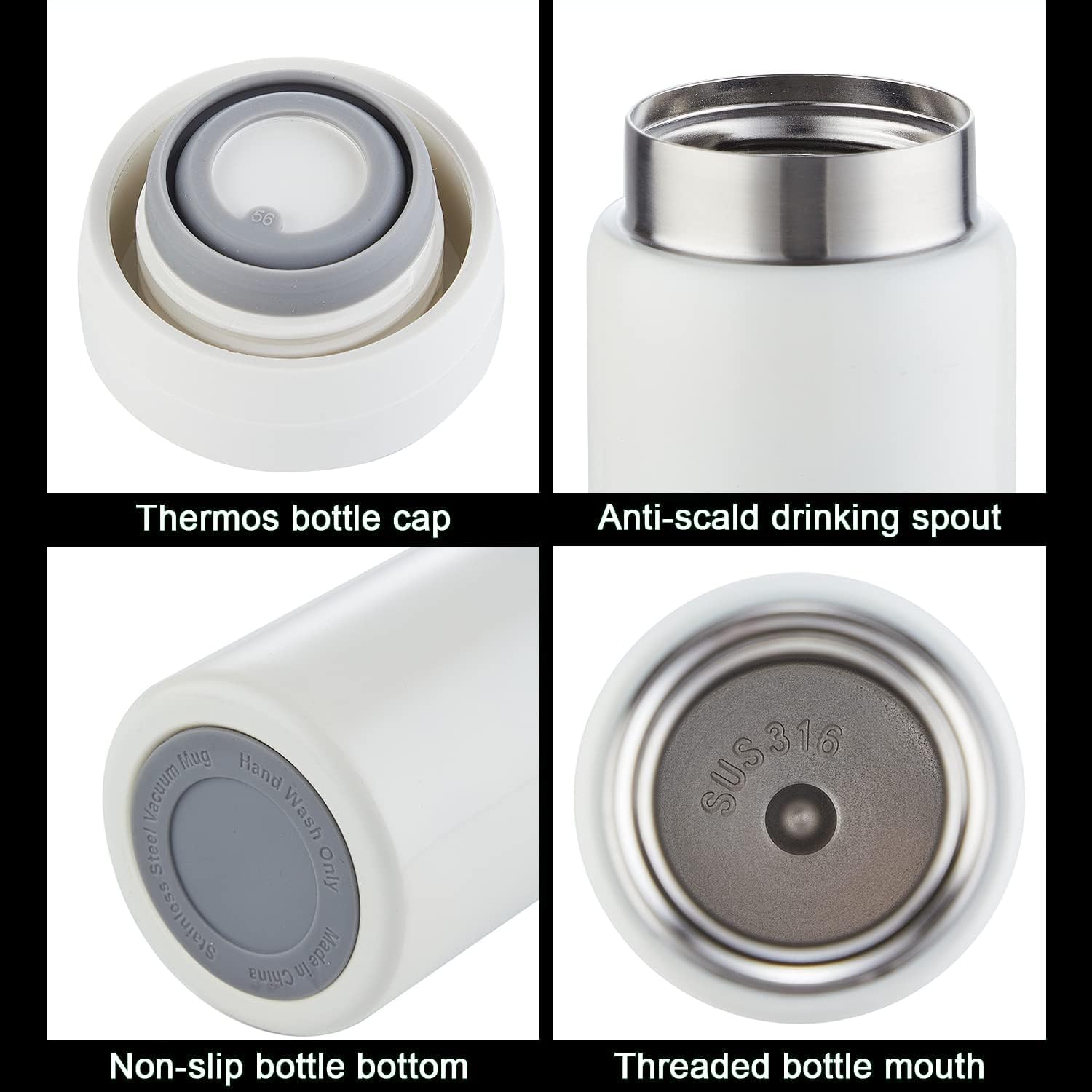 10oz Mini Water Bottle Stainless Steel Thermos Small Flask - Insulated Vacuum, Leak Proof, Keeps Drinks Hot/Cold - Ideal for Coffee, Tea, Water - White
