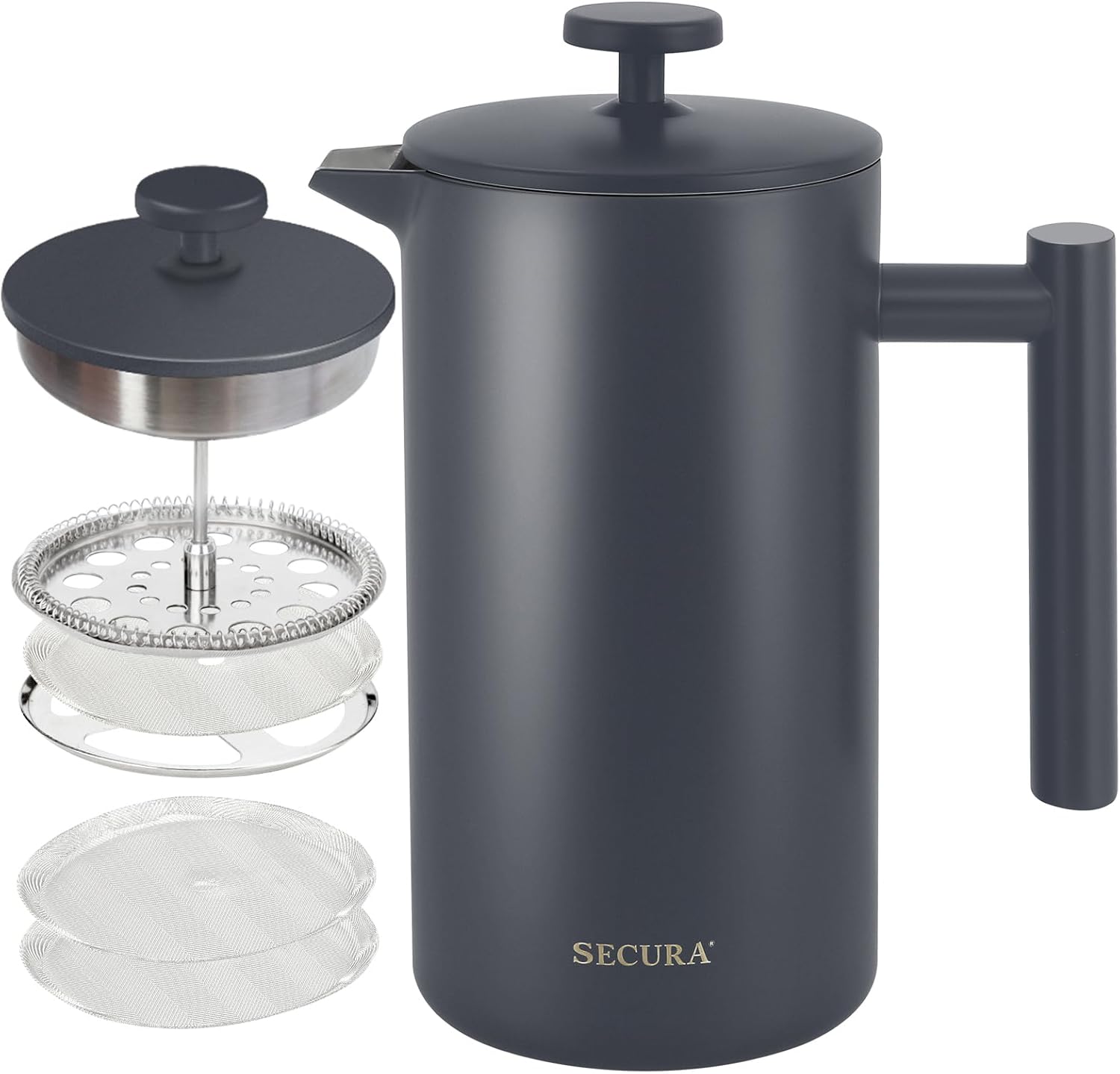 Secura French Press Coffee Maker, 304 Grade Stainless Steel Insulated Coffee Press with 2 Extra Screens, 34oz (1L), Grey - Blissbrew