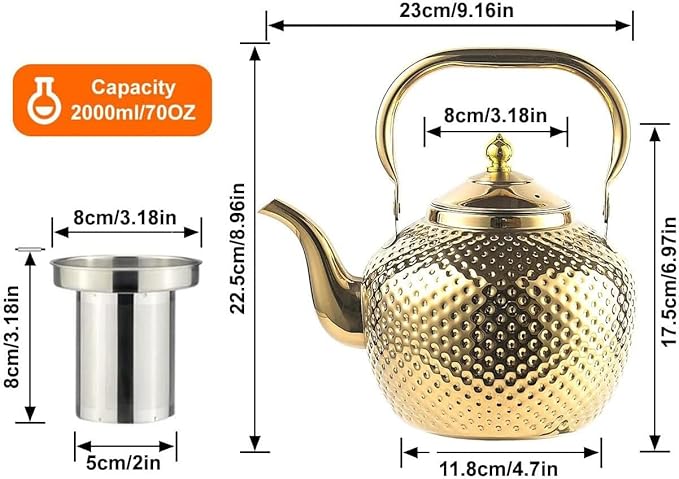 SANQIAHOME 2000ml Teapot with Infuser Stainless Steel Lifting Handle Tea Maker Gold