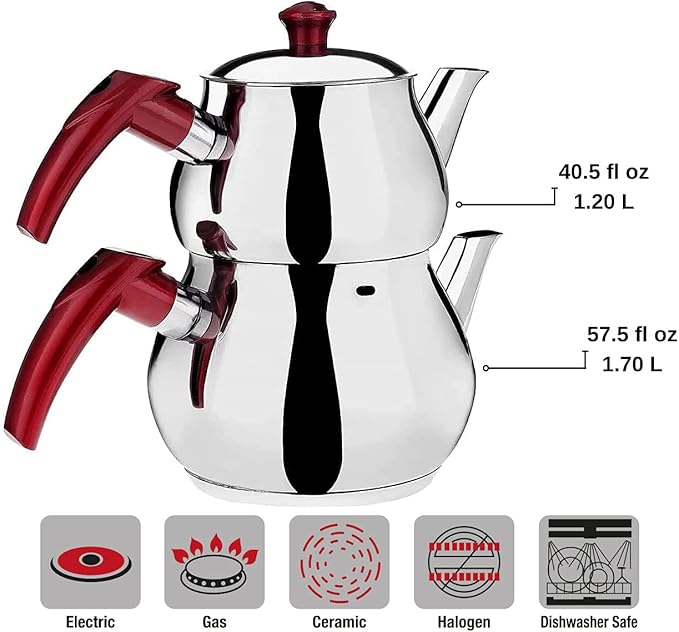 DESTALYA Turkish Teapot Set | Stainless Steel Double Tea Pots for Stove Top | Tea Maker with Strainer | Samovar Tea Kettle, Water Heater (Midi with Red Handles)