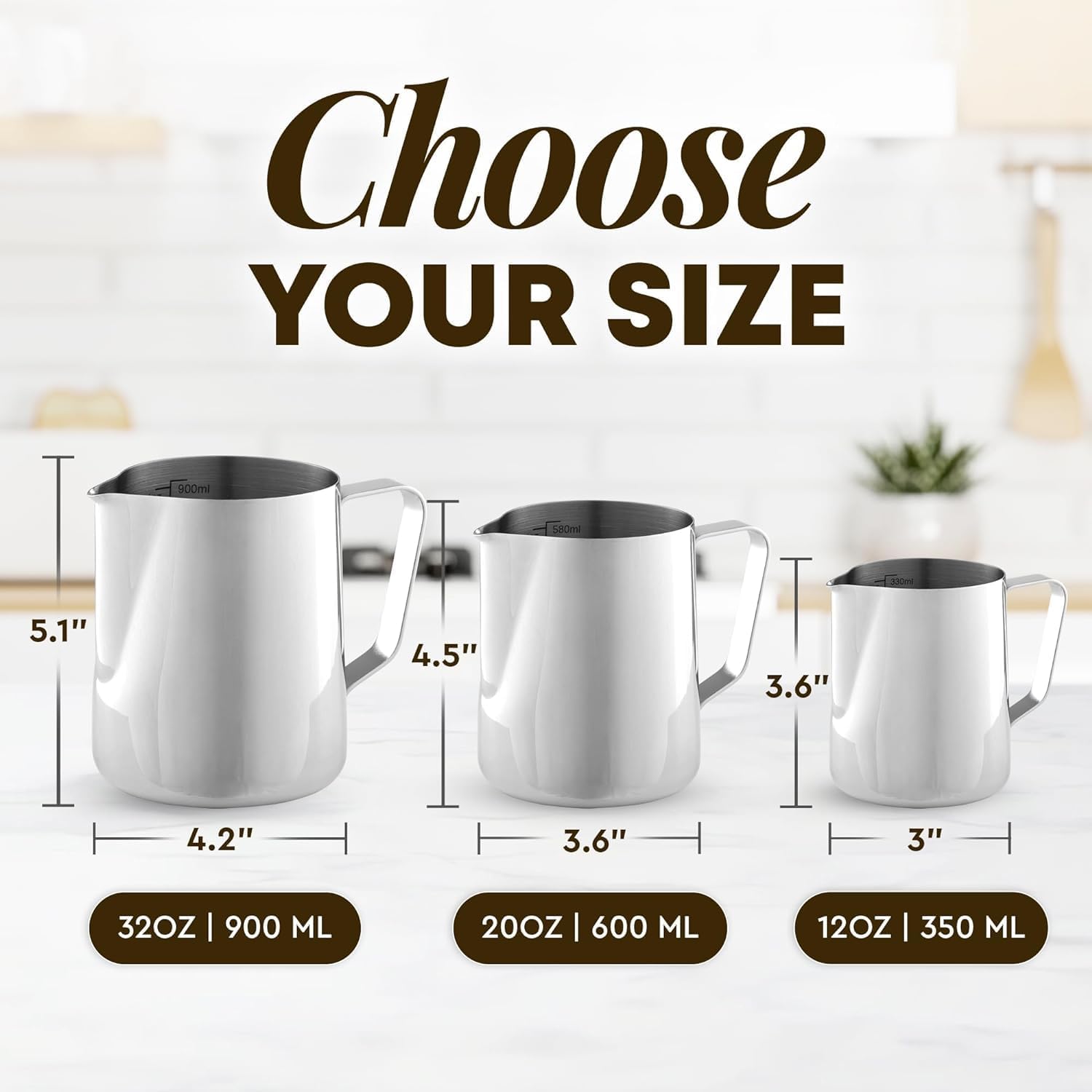 Zulay Milk Frothing Pitcher with Latte Art Pen – 12oz 20oz 32oz - Stainless Steel Frother Cup with Measurement Markings, Espresso & Coffee Accessories Creamer Jug with Laser-Welded Handle - 32 oz