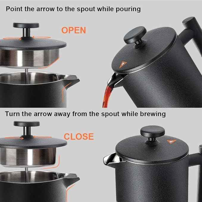 Secura French Press Coffee Maker, 304 Grade Stainless Steel Insulated Coffee Press with 2 Extra Screens, 34oz (1 Litre), Black