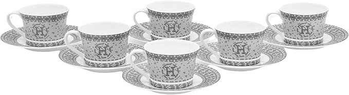 Porcelain Tea Set for 6 - Cups (6 oz) and Saucers - 12 Piece Tea Party Set for Black Tea, Cappuccino or Decor - Gorgeous Mosaic Design with Silver Accents - For All Occasions (12 Piece Set)