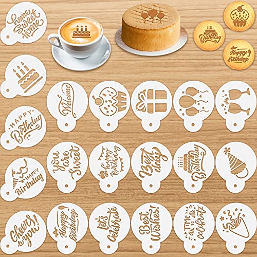 20 Pieces Birthday Cookie Stencil Templates Decoration Cookie Stencil for Birthday Coffee Cake Templates Reusable Painting Mold Tools