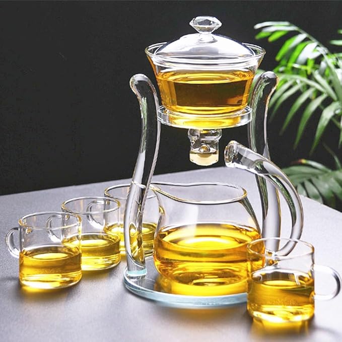 MOZEO Lazy Kungfu Teapot Glass Semi-automatic Tea Maker Suction Automatic Water Brewing Teapot Office Flower Glass Tea Set with 6pcs Cups