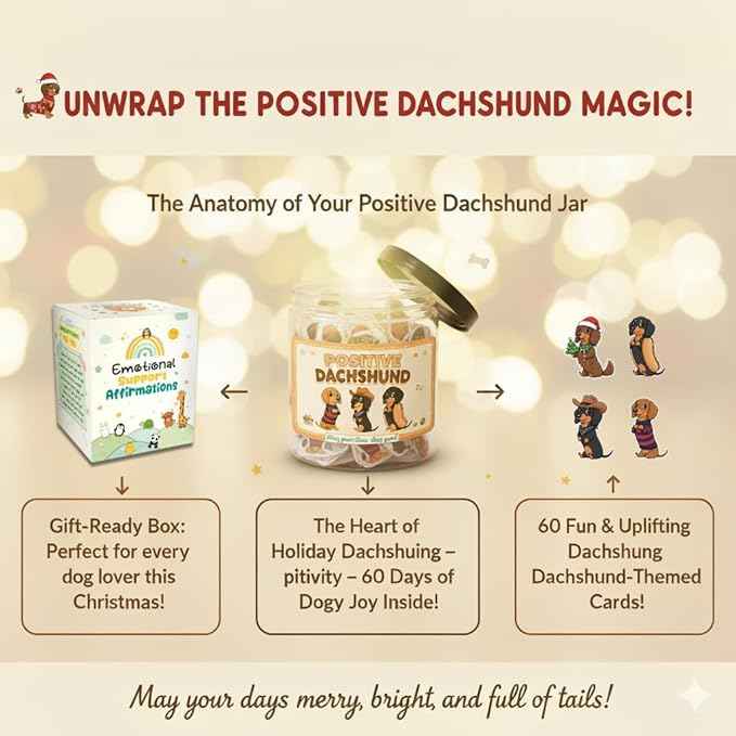 Positive Dachshund Jar with 60 Affirmation Cards, Emotional Support Gift, Funny Dachshund Gifts for Women, Christmas Decor, Weiner Gifts, Cute Puppy Dachshund Decor for Dog Lovers
