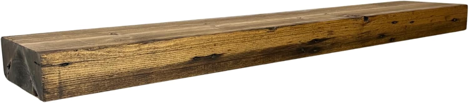 Modern Timber Craft Reclaimed Wood Fireplace Mantel Shelf | Solid Rustic American Barnwood with Steel Floating Shelf Brackets | 2.75" Thickness | 42" L x 7" D, Early American, Planed and Sanded