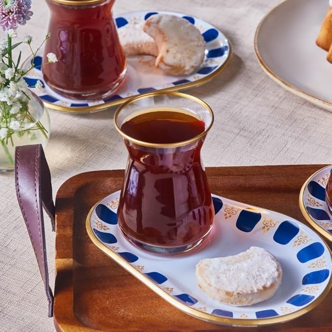 KARACA Belem Turkish Tea Glasses Set, 12-Piece Tea Set for 6 People, Tea Glasses with Gold Rim and Navy Blue Accents