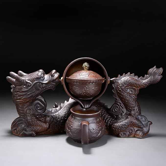 Chinese Gongfu Tea Set - Ceramic 360 Rotating teapot with Infuser, 8Cups, Semi Automatic Dragon Design for Loose Leaf Tea (Gift Box Set)