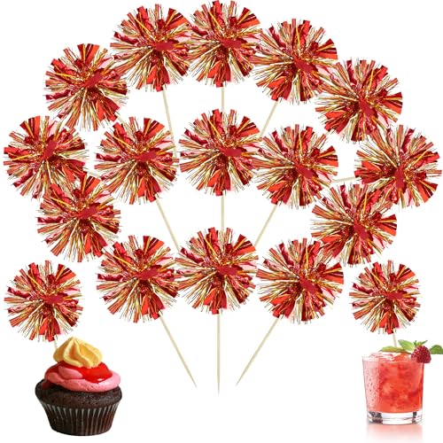 30Pcs Foil Firework Cupcake Toppers Sparkle Tinsel Drink Birthday Cake Decorations Cocktail Food Fruit Toothpick for New Years Wedding Birthday Party Decorations Gold Red (30 Count)