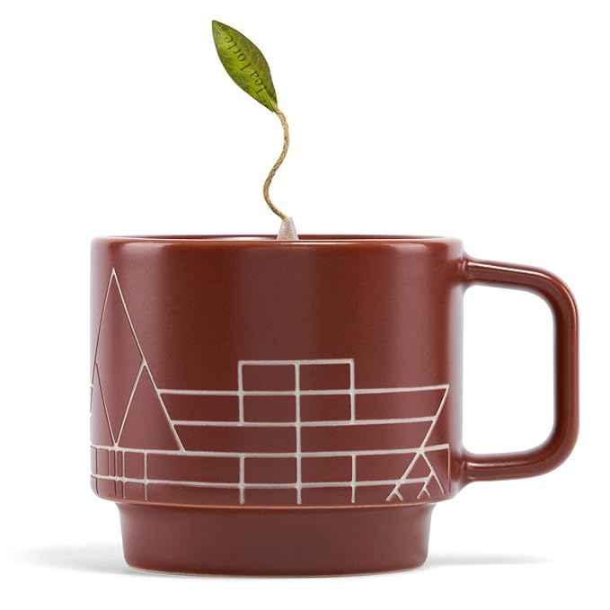 Tea Forte Frank Lloyd Wright 3-Piece Tea Gift Set with Sienna Stoneware Cup with Tea Tray and 10 Count Mini Presentation Box, 2 of Each Blend Handcrafted Pyramid Infuser Tea Bags