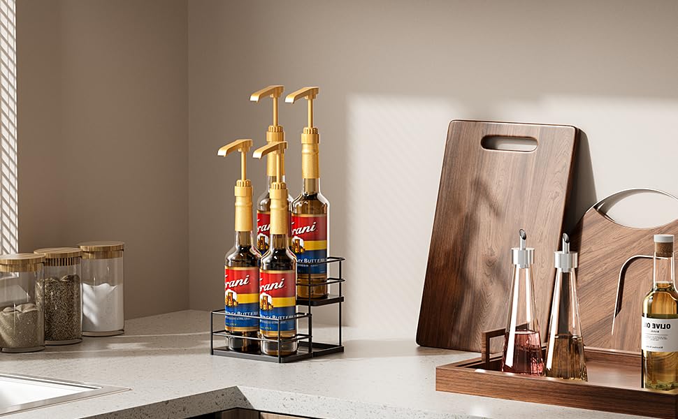 4 Bottle Capacity Coffee Syrup Organizer 2 Tier Coffee Syrup Stand Shelf for Coffee Bar Kitchen Small Wine Rack for Bar Family Storage for Syrup Wine Dressing (13.6 inch(es))