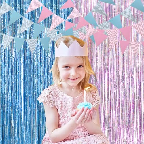 Pink Blue Tinsel Foil Fringe Curtains Party Streamers Backdrop (2 Count)