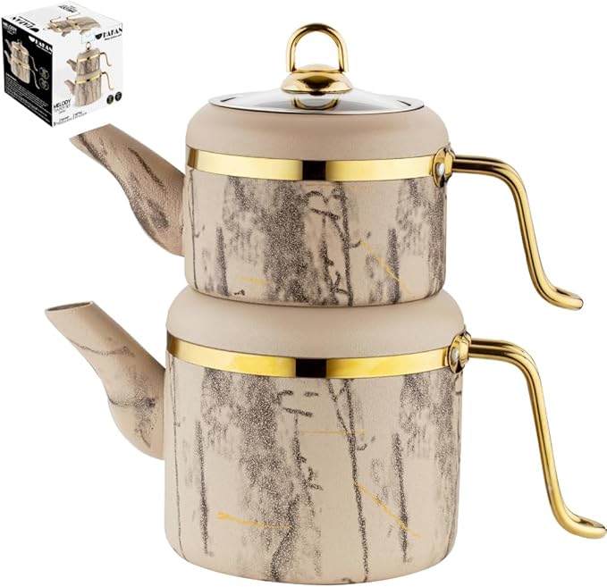 Hakan Melody Turkish Tea Pot Set | 3.5 L Tea Kettles for Stovetop with Stainless Steel Handless and Glass Lid | Aluminum Body Tea Maker | Double Stovetop Kettles with Granite Cover (cream)