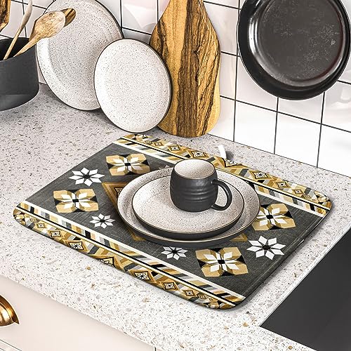 Boho Yellow Gray Aztec Dish Drying Mat for Kitchen Counter