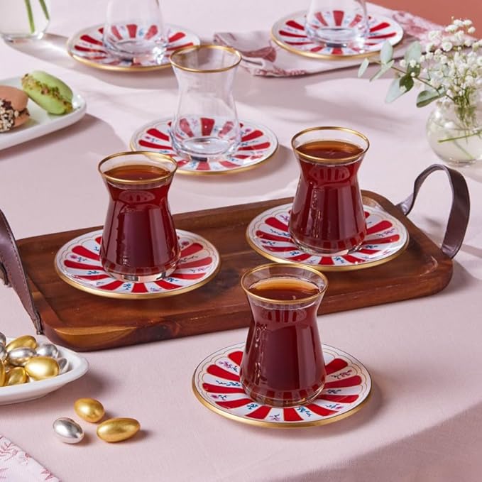 KARACA Bursa 12-Piece Turkish Tea Glass & Saucer Set 132 ml – Red Glass Tea Set for 6 People