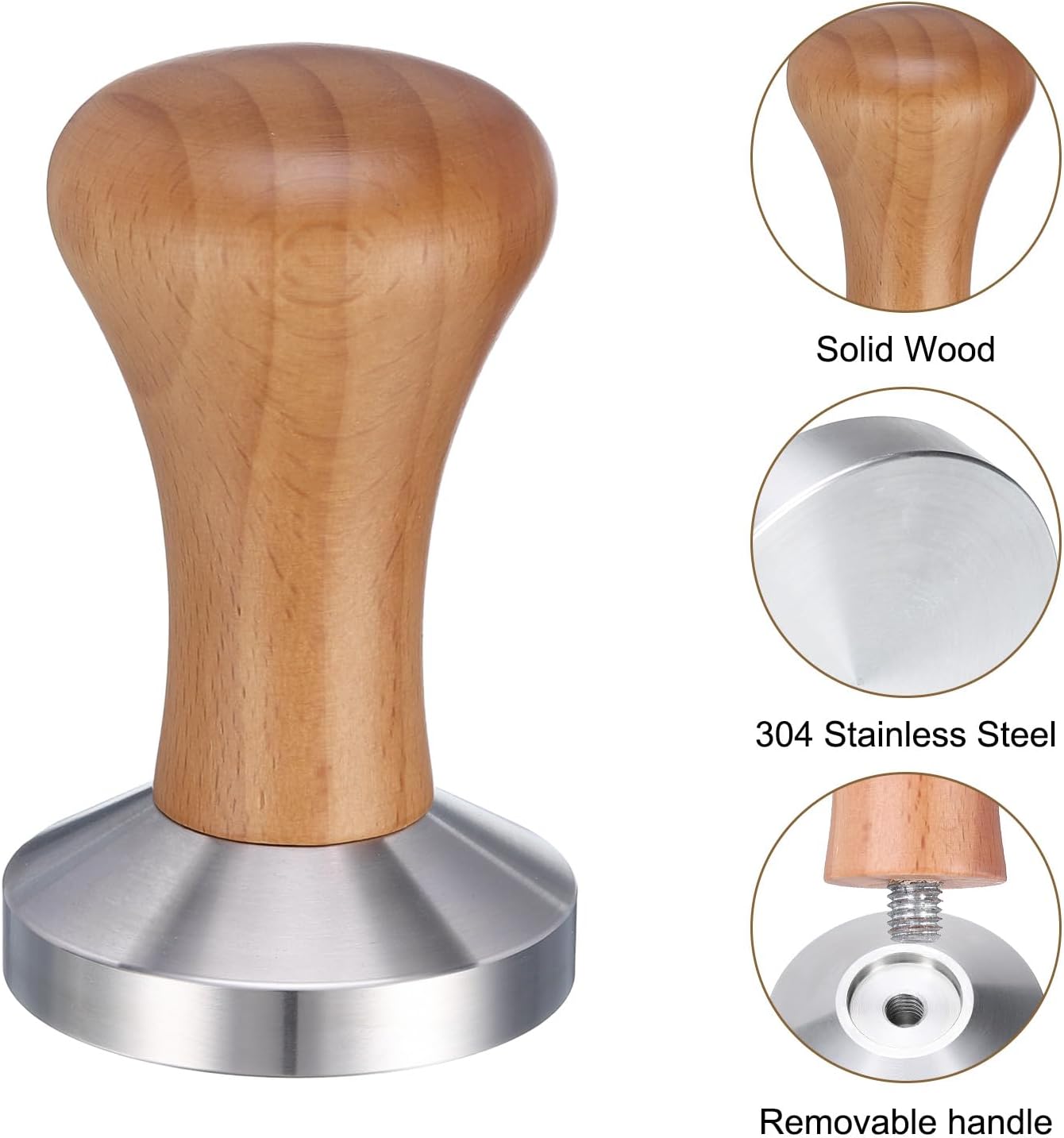 uxcell 58mm Espresso Tamper, Stainless Steel Press Tool Tamper with Wooden Handle, Espresso Accessories for Baristas, Home, Shops, Cafe (Flat Base, Deep Wooden)