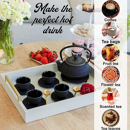 Large 11PC Japanese Tea Set "Gashu Black" Cast Iron Tea Pot 26Oz with 4 Tea Cups
