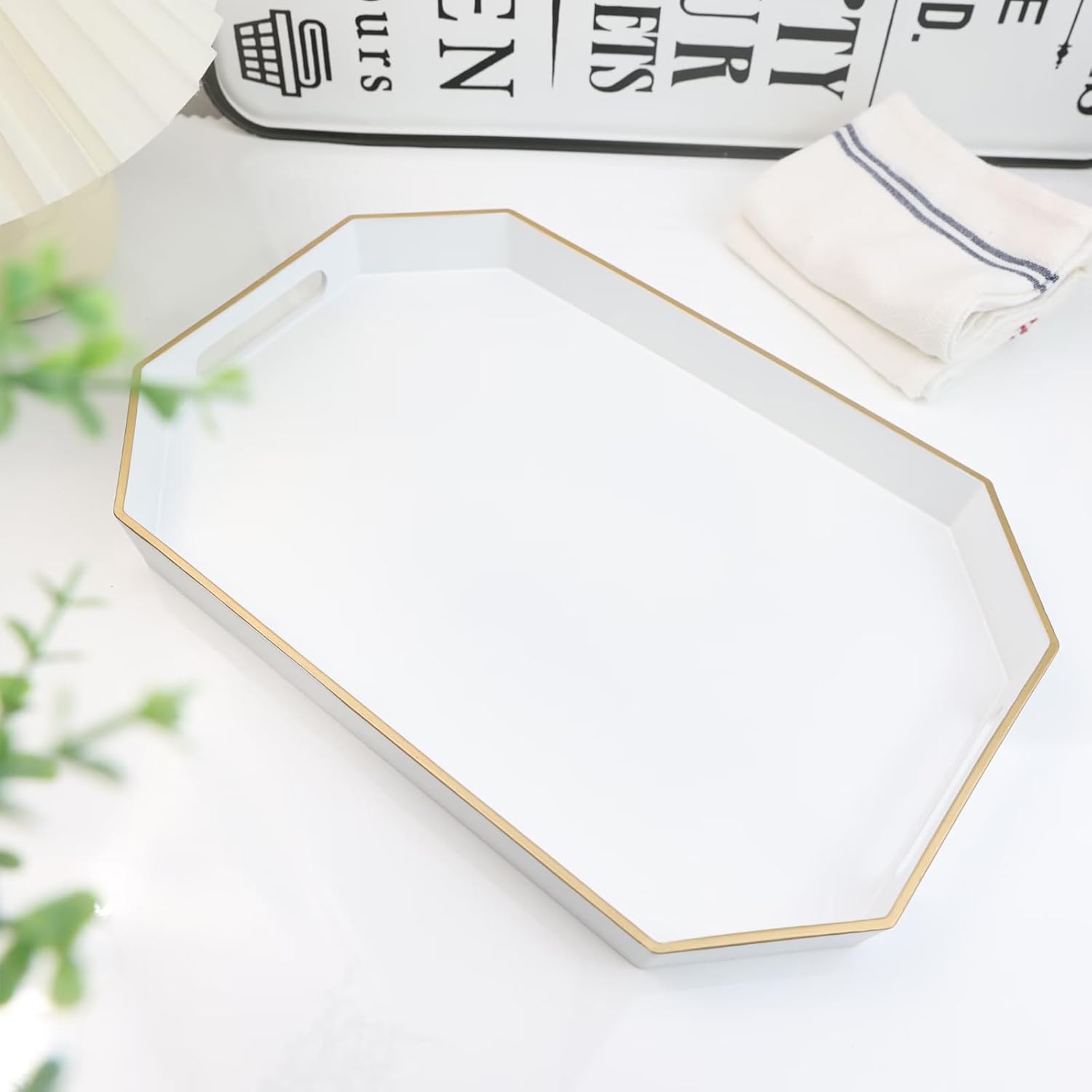 White Decorative Tray with Handles, Octagon Versatile Serving Tray for Coffee Table, Ottoman, Ideal for Serving, Displaying, Organizing
