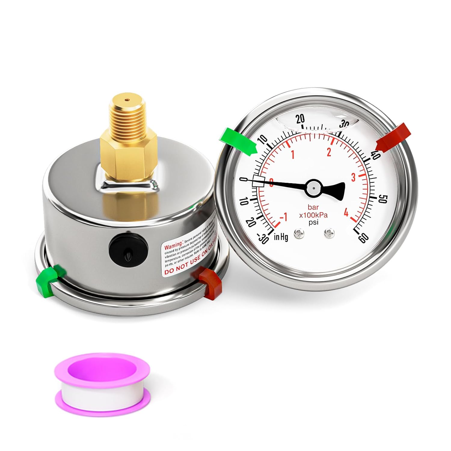 -30inHG-60PSI Stainless Steel Liquid Filled Pressure Gauge, 2.5
