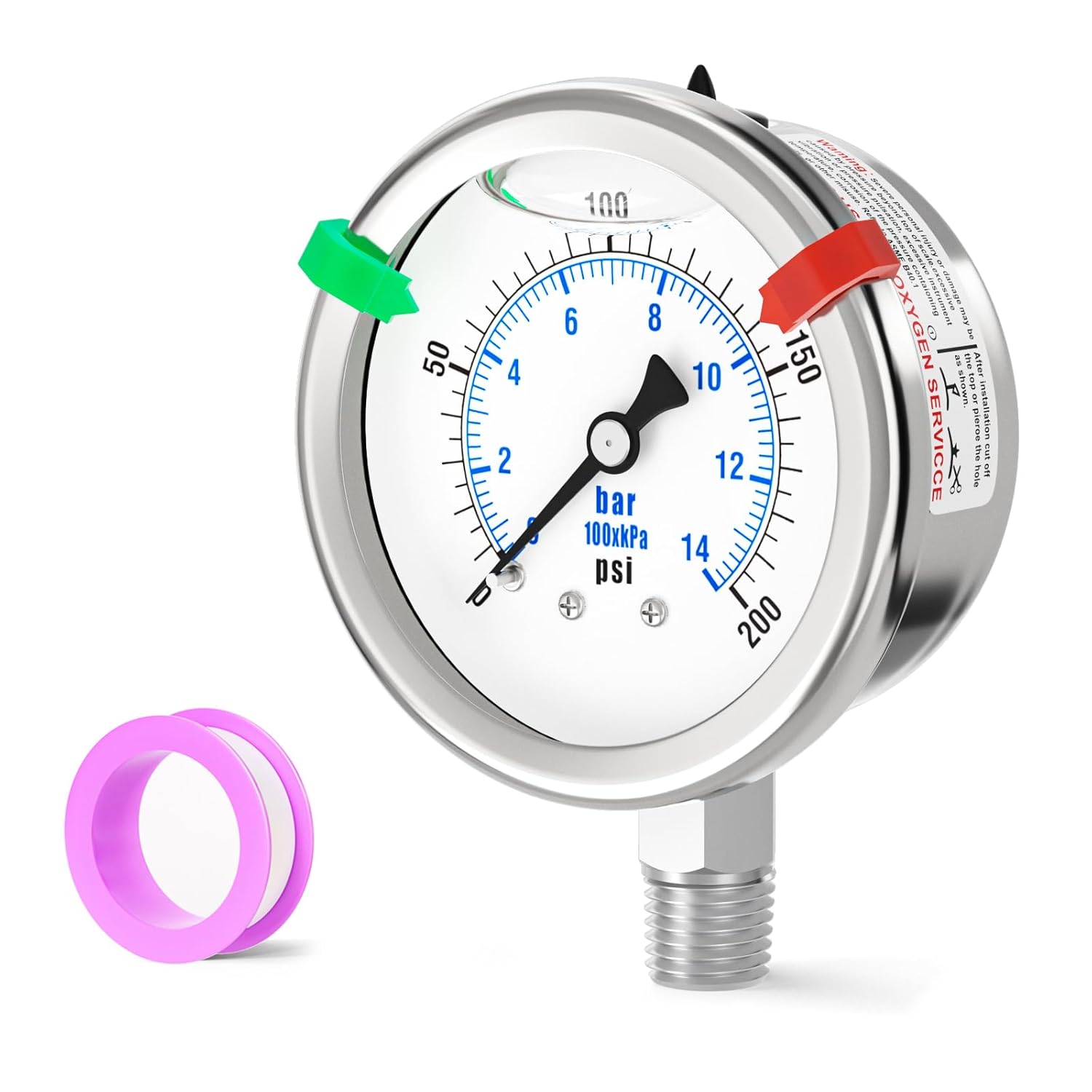 0-200PSI Stainless Steel Liquid Filled Pressure Gauge, 2.5