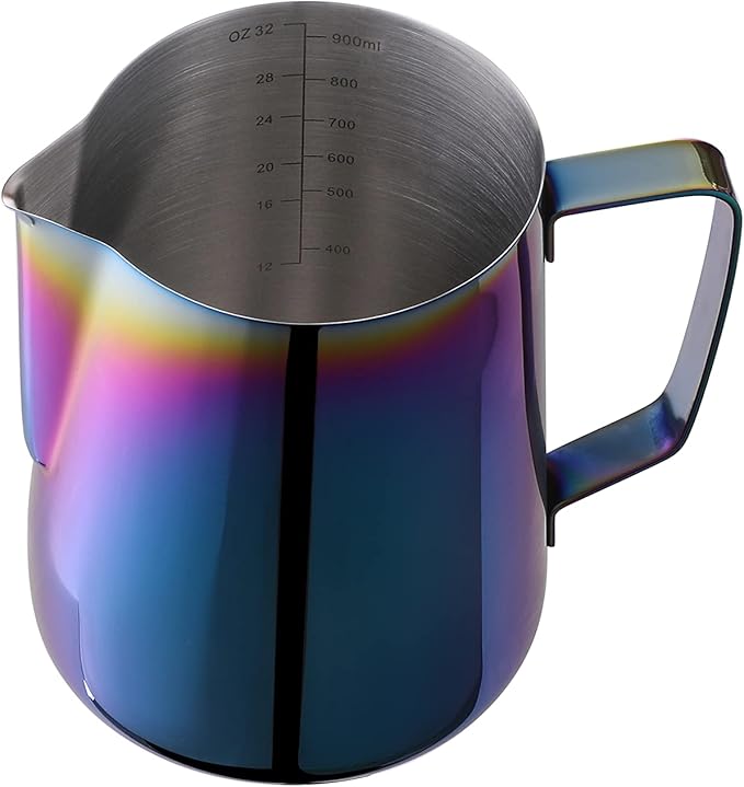 Milk Frothing Pitcher 32oz Stainless Steel Cup Double Measurement Scale Perfect for Latte Art Frother SUS304 Steaming 900ML Rainbow, Multicolor