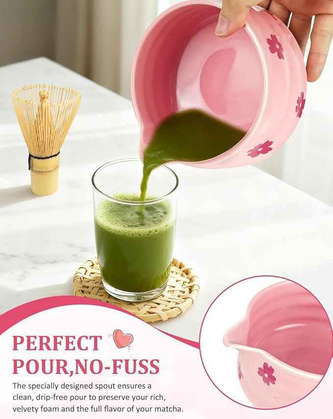 8Pcs Cute Ceramic Matcha Set with Whisk Bowl, Matcha Tea Kit Holder, Bamboo Scoop, Sifter, Towel Included, Valentine's Mother's Day Gift for Matcha Lover Women (Pink Sakura)