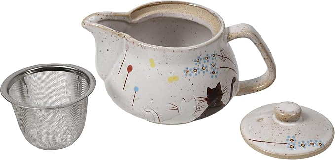 10oz Cat kyusu Kutani Yaki(ware) Japanese CeramicTeapot with Removable Infuser, Stovetop Safe Tea Kettle, Blooming and Loose Leaf Tea Maker Set (Cat, White)