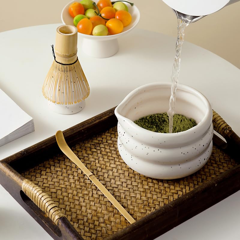 7 piece matcha kit includes matcha bowl. white speckled matcha tea set with bamboo whisk (7 Count)