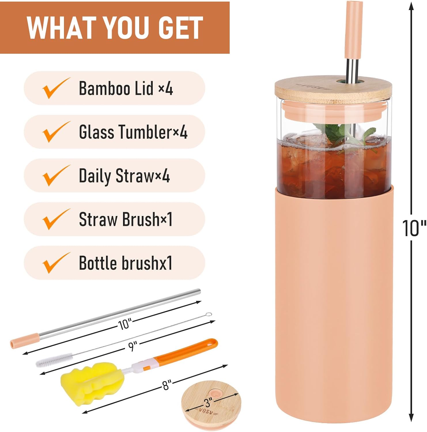Glass Tumbler w/Lids & Straw - 24oz Reusable Mug w/Bamboo Lid & Stainless Steel Straw - BPA-Free, Leak-Proof, Dishwasher Safe for Coffee, Smoothies, Hot Beverages, Travel, Office, Home Use，4-PK