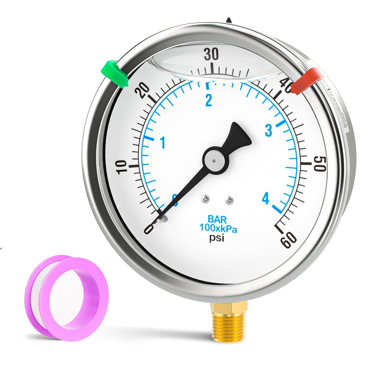 0-60PSI Stainless Steel Liquid Filled Pressure Gauge, 4