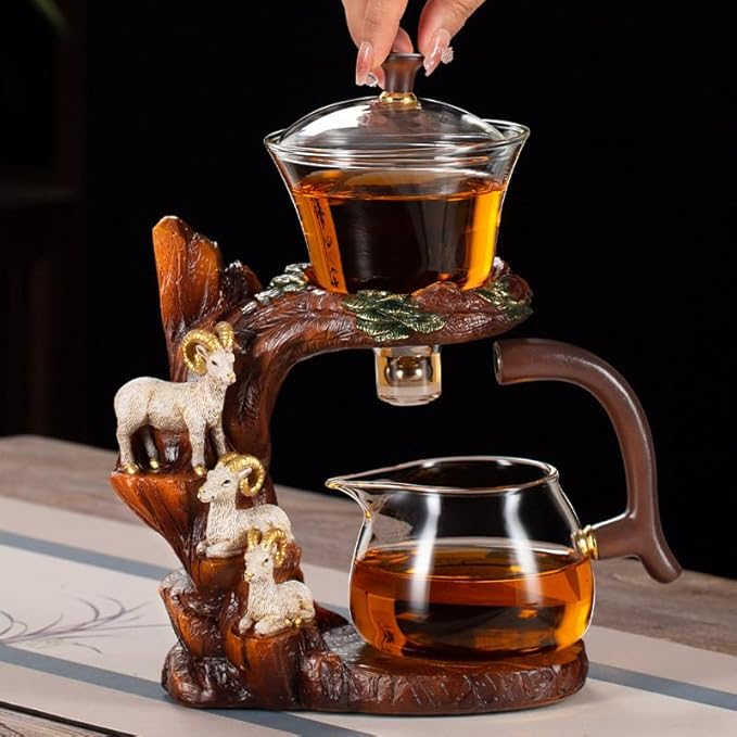 Glass Teapot Set with Infuser Semi Automatic Tea Set Lazy Kungfu Attraction Drip Rotating Magic Teapot Set (Goat)