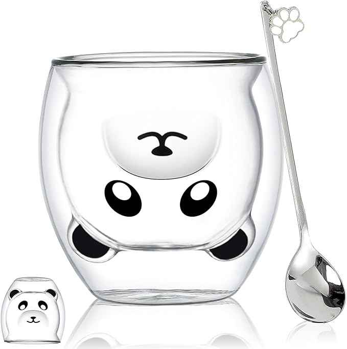 Panda Mug Cute Mugs Glass Double Wall Insulated Glass Espresso Cup, Kawaii Mug, Coffee Cup, Tea Cup, Milk Cup, Birthday Christmas Gifts(Panda)
