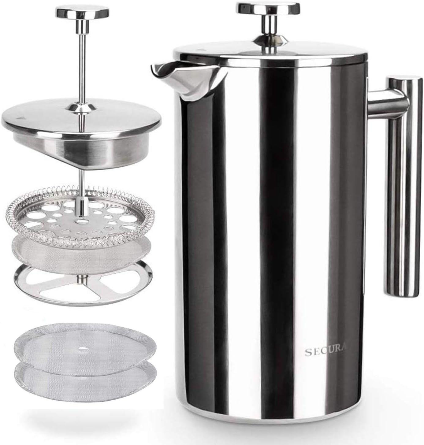 Secura French Press Coffee Maker, 304 Grade Stainless Steel Insulated Coffee Press with 2 Extra Screens, 34oz (1 Litre), Silver - Blissbrew