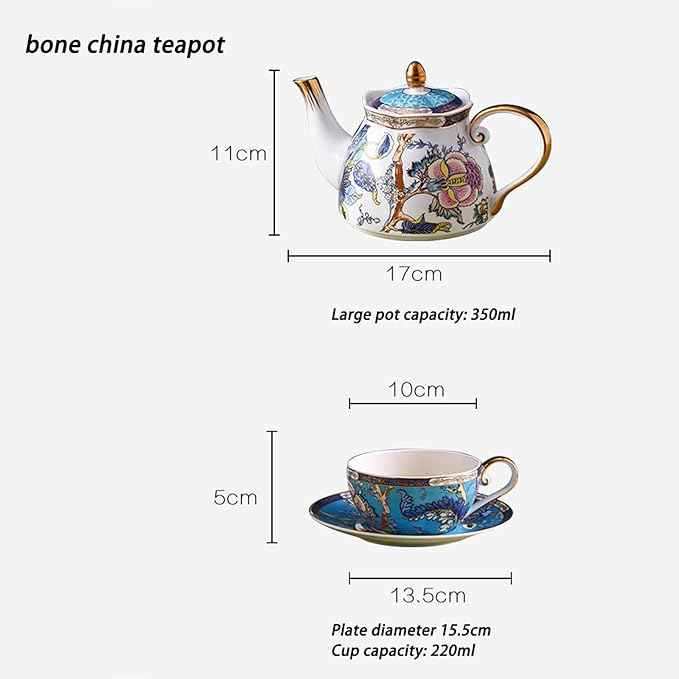 Generic 3 Pieces,Ceramic Blue Birds and Flowers Tea for One Set, Luxury Pot Tea Cup and Saucer Set with Teapot, for Room Decoration Party Service,Gift Package