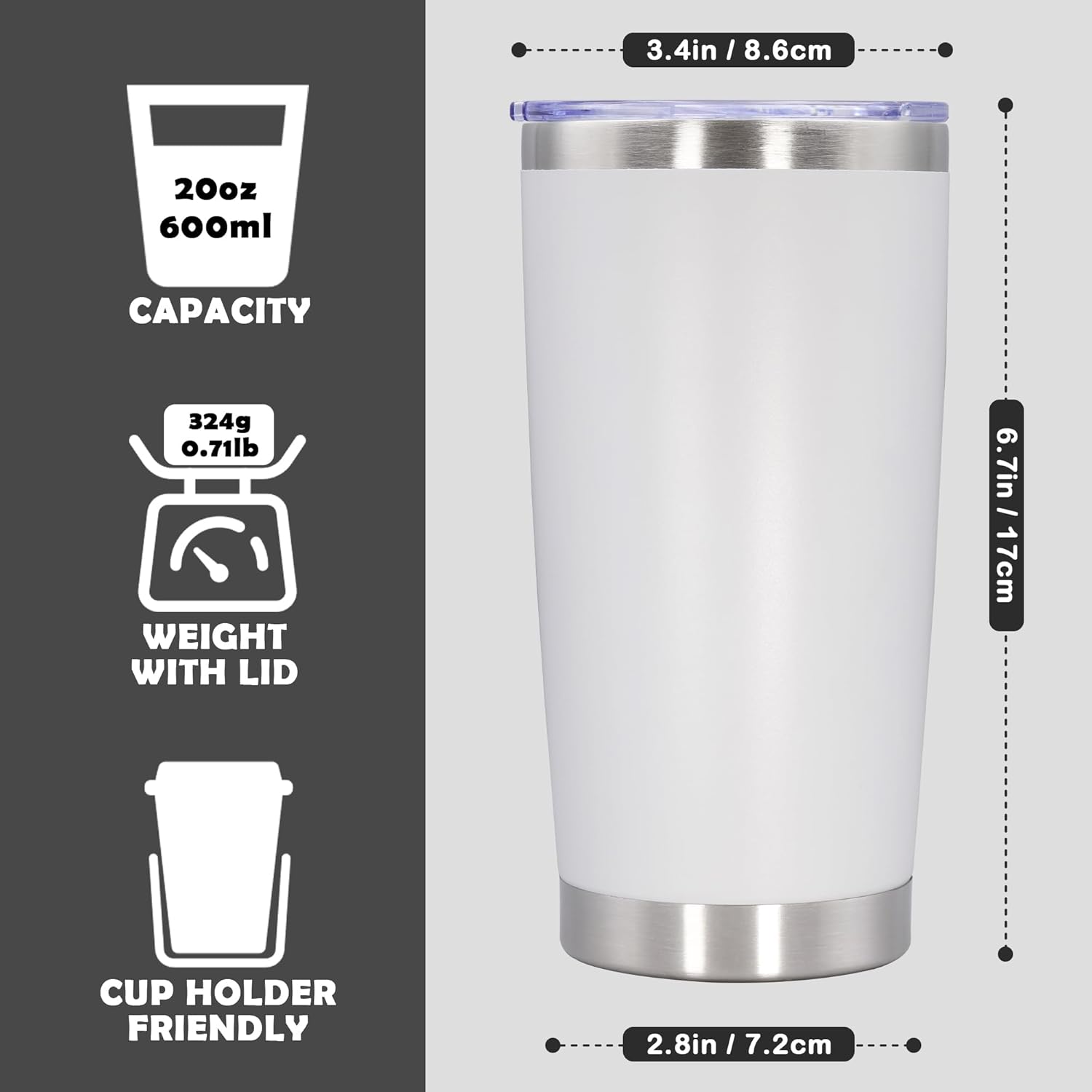 20oz Tumbler Stainless Steel Tumbler Cup with Lid Vacuum Insulated Double Wall Travel Mug, Durable Powder Coated Travel Coffee Tumbler Mug for Hot & Cold Drinks, White,1 Pack