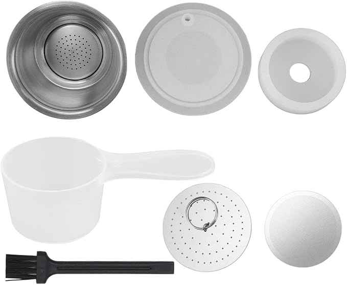 Refillable Coffee Capsule, Stainless Steel Reusable Coffee Pod, High Temperature with Food Grade Silicone Lid for Machines, Includes Scoop and Brush (White)