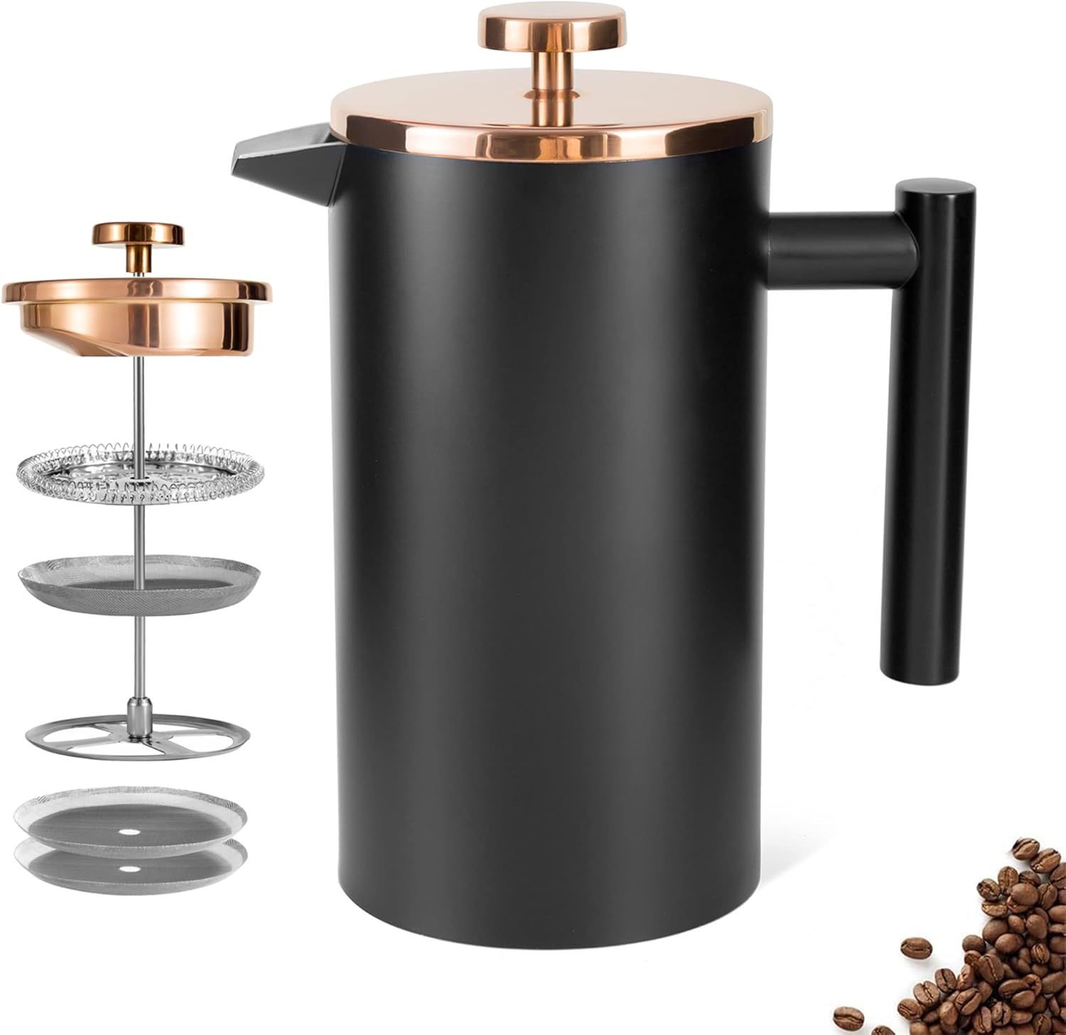 Stainless Steel French Press Coffee Maker 1500ml, Black Double-Wall Insulated Large French Coffee Press for travel camping,Large Capacity （50oz, Black） - Blissbrew