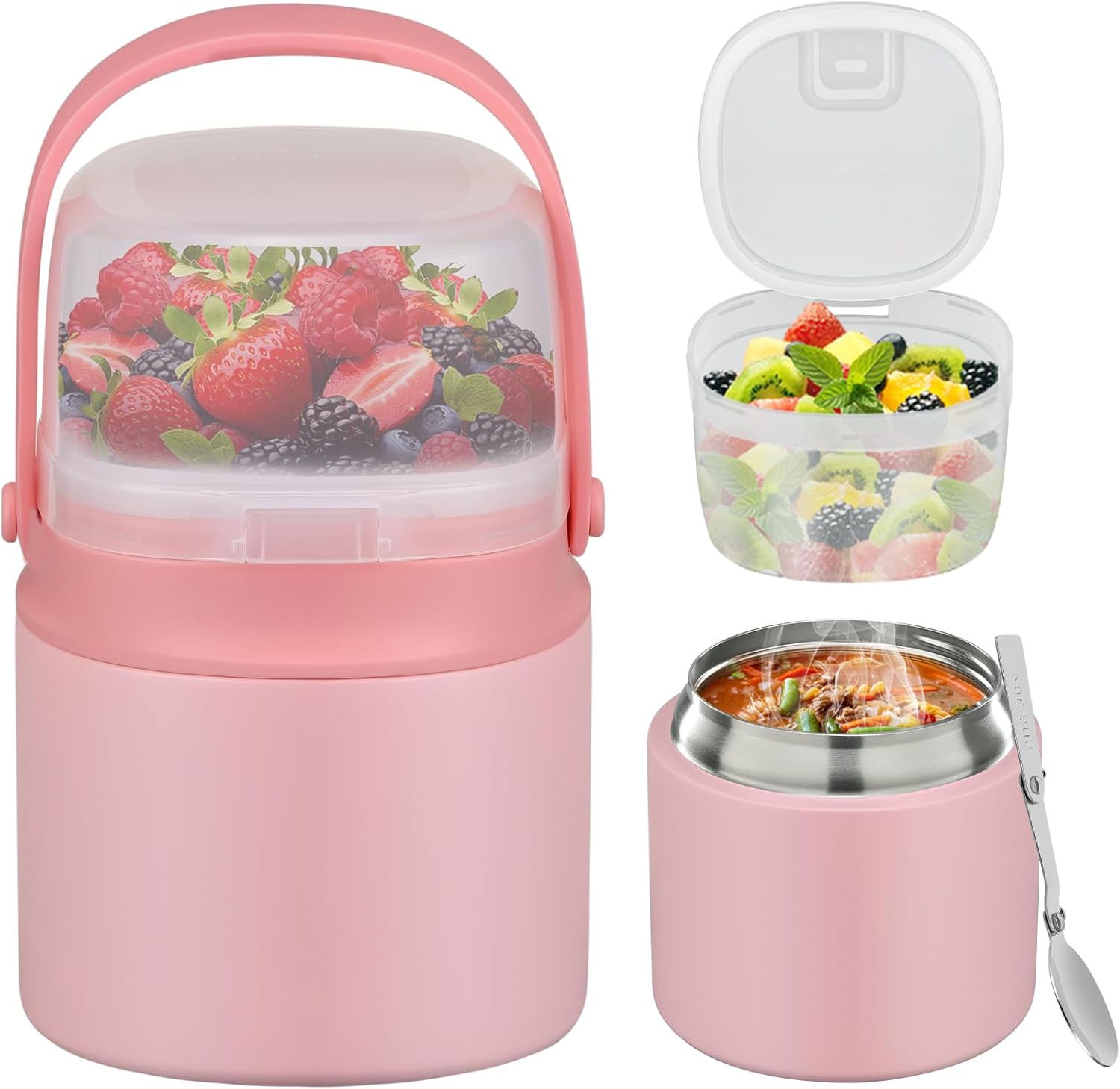 2 - in - 1 Soup Thermo for Hot Food 14oz with Snack Box Container Leak Proof Insulated Lunch Container Kids and Adults Stainless Steel Double Wall Vacuum Wide-mouth Thermal with Spoon and Handle - Blissbrew