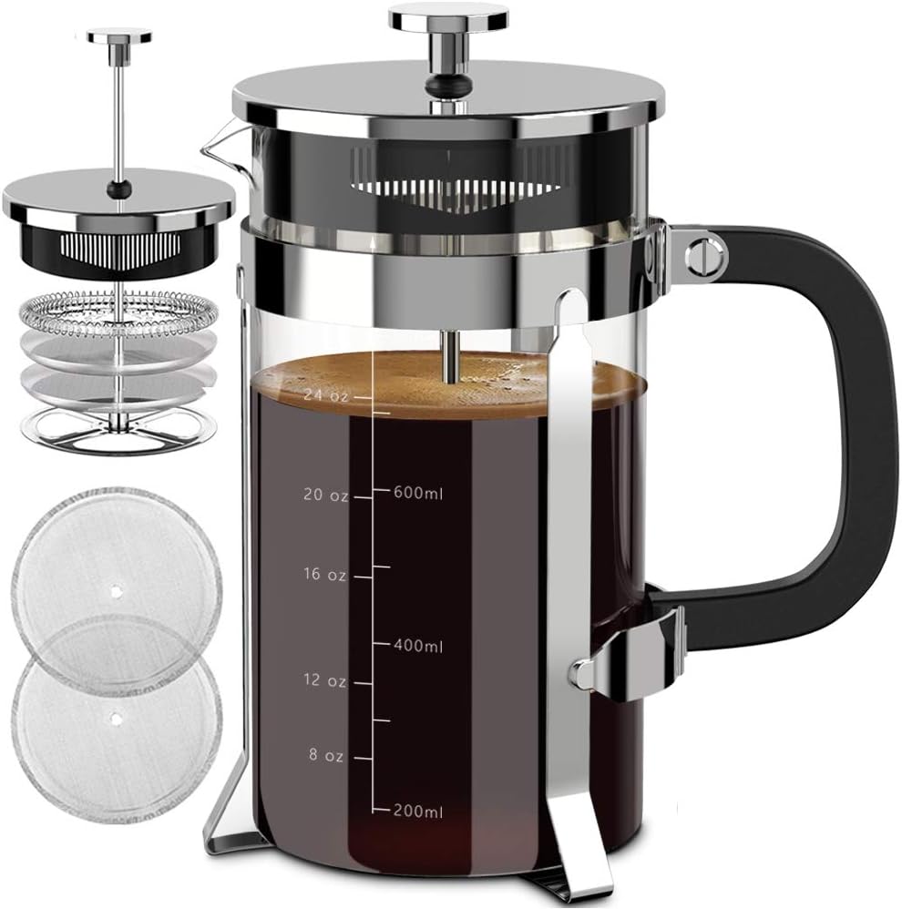 QUQIYSO French Press Coffee Maker 34oz 304 Stainless Steel French Press with 4 Filter, Heat Resistant Durable, Easy to Clean, Borosilicate Glass Coffee Press, 100% BPA Free Glass Teapot, Silver - Blissbrew