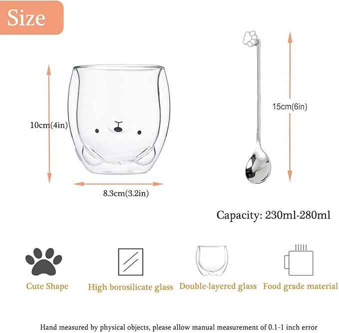 Bear Cute Mugs Kawaii Double Wall Glass Coffee Tea Mill Yogurt Cup Funny Novelty Gift for Women Her Friends Office Birthday Christmas