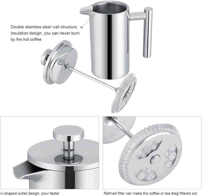 TOPINCN French Press Coffee Maker Stainless Steel Espresso & Tea French Press Maker- Double Wall,Rust-, 350ml