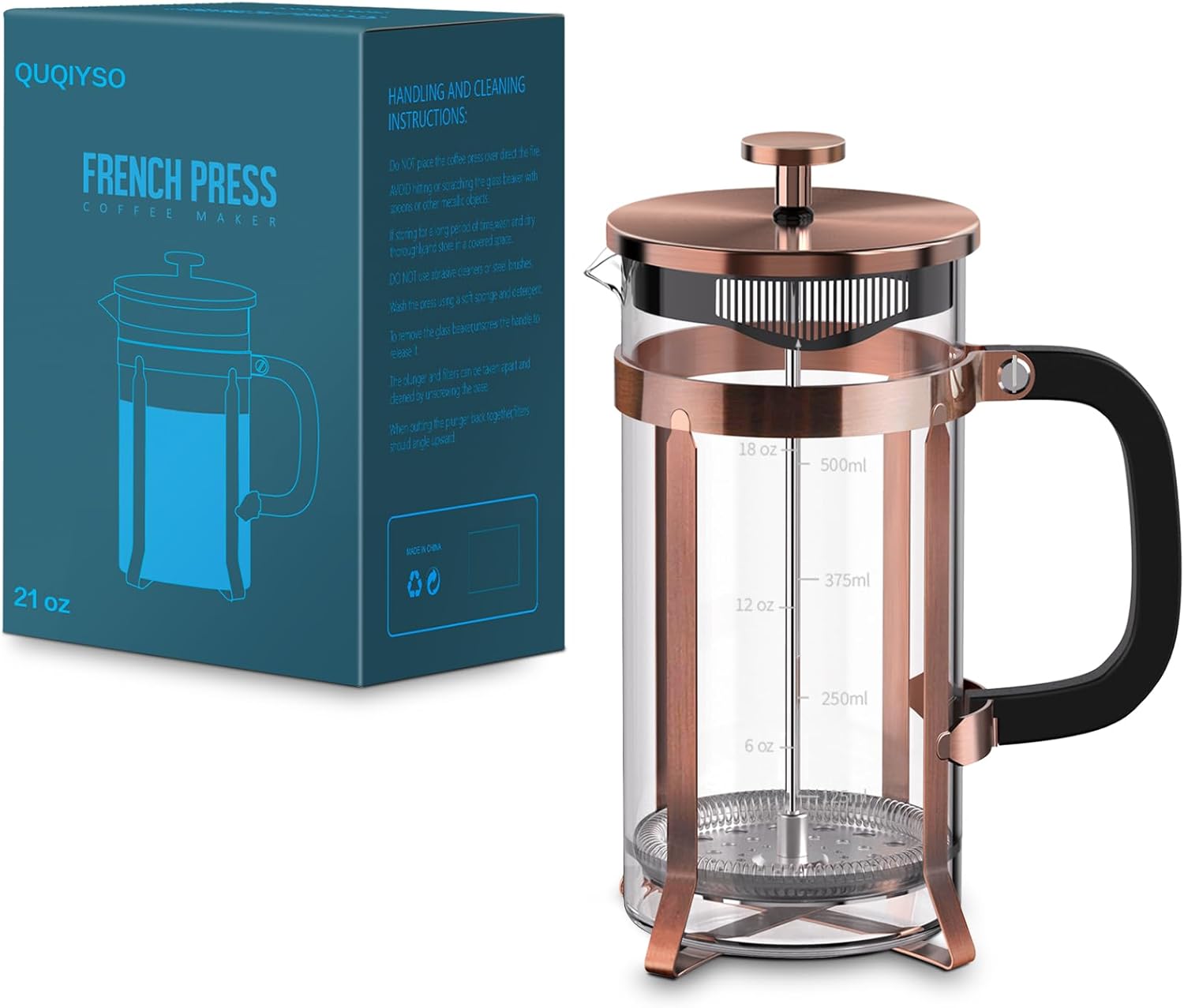 QUQIYSO Coffee Maker 304 Stainless Steel French Press with 4 Filter, Heat Resistant Durable, Easy to Clean, Borosilicate Glass Coffee Press, 100% BPA Free Teapot, 21 ounce, copper - Blissbrew