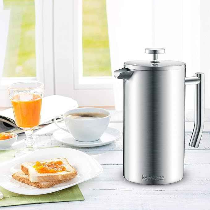 Belwares French Press Coffee Maker 50 oz - Large 304 Stainless Steel Double Wall Insulated Thermal Coffee Press for Home Kitchen, 4-Level Filtration with Extra Screens, Dishwasher Safe, 1.5L, Silver