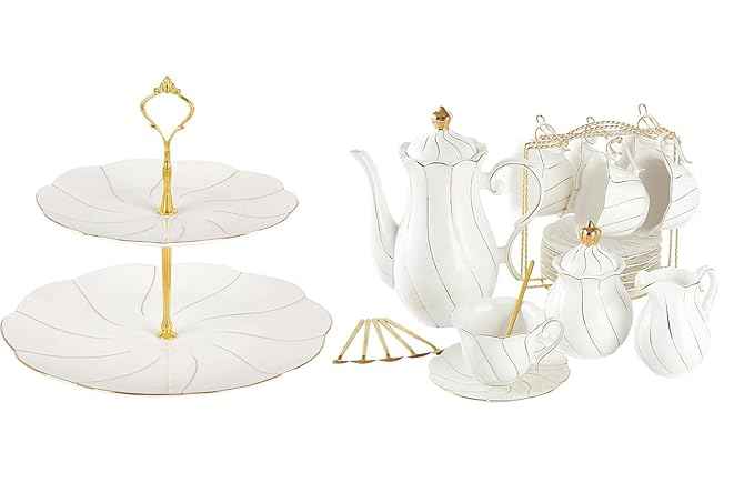 DUJUST 22 pcs Porcelain Tea Set for 6 ＆ Larger 2-Tier Cupcake Stand Tower, Luxury British Style Tea/Coffee Cup Set with Golden Trim, Food Grade Dessert Display Stand for Tea Party - White
