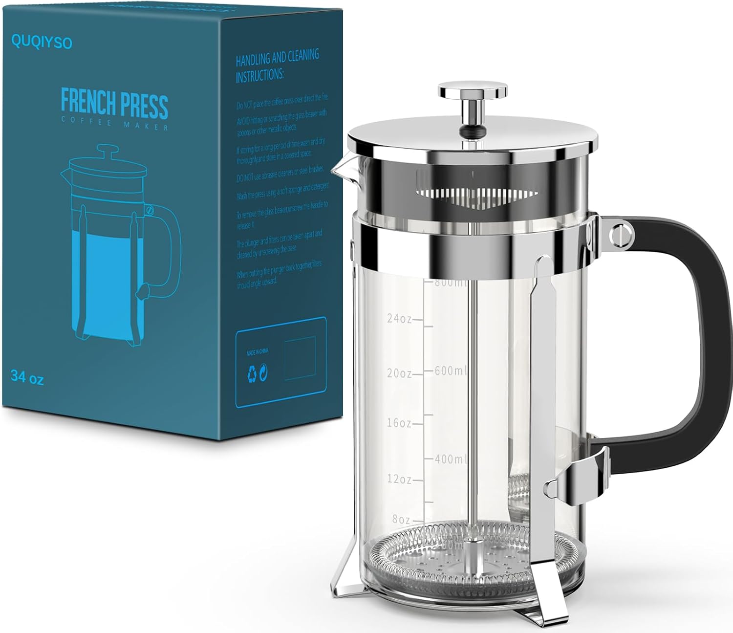 QUQIYSO French Press Coffee Maker 34oz 304 Stainless Steel French Press with 4 Filter, Heat Resistant Durable, Easy to Clean, Borosilicate Glass Coffee Press, 100% BPA Free Glass Teapot, Silver - Blissbrew