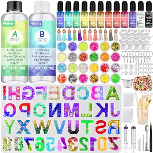 IGaitey Epoxy Kit with Reverse Alphabet Molds for Keychain Pendant (6.6 Ounce)